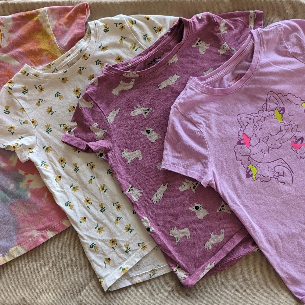 Set of Four Girls' T-Shirts in Floral and Animal Prints